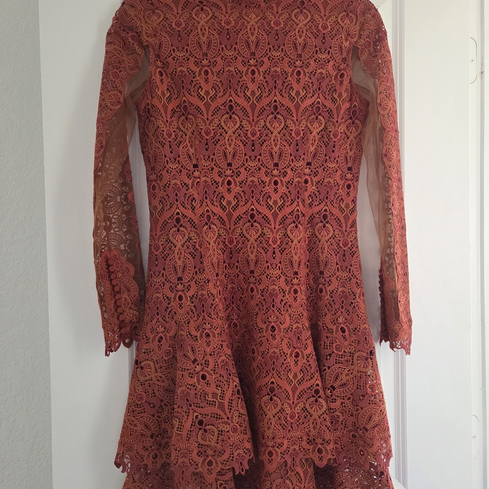 Rust Orange Lace Long-Sleeve Mini Dress